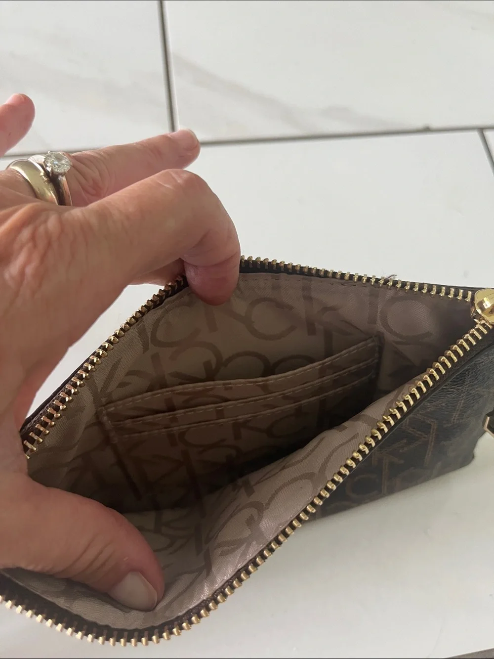 Calvin Klein Brown Logo Wristlet Clutch with Burgundy Strap